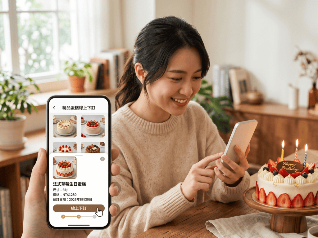 烘焙店可加購LINE線上商城，讓客人線上預訂客製蛋糕並與POS打通
