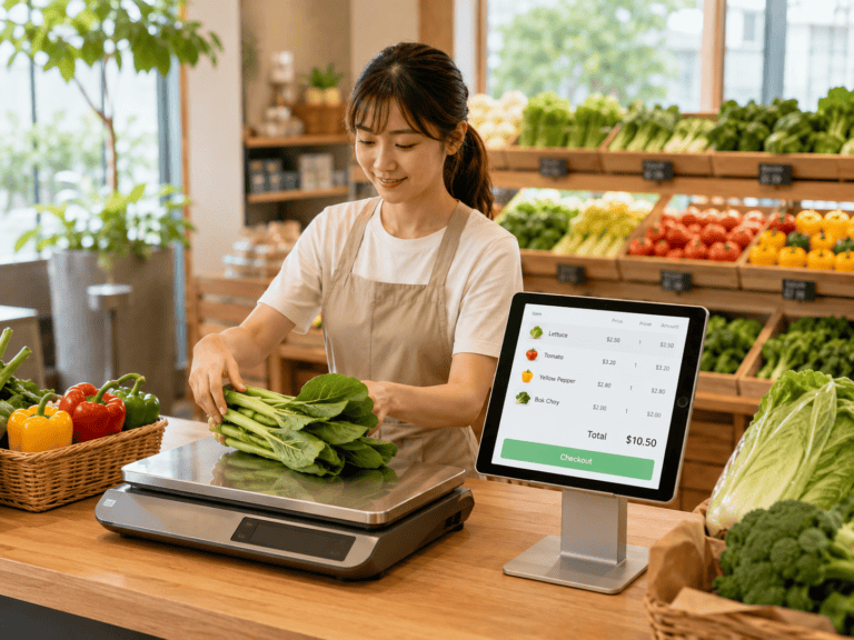 生鮮蔬果店POS系統搭配智慧秤重結帳示意，店員將蔬果放上秤同步計價