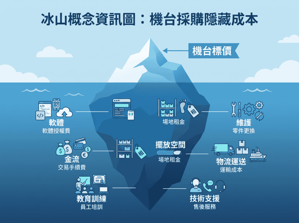 自助結帳機費用拆解，機台標價之外還有軟體、金流、空間與維護等隱藏成本