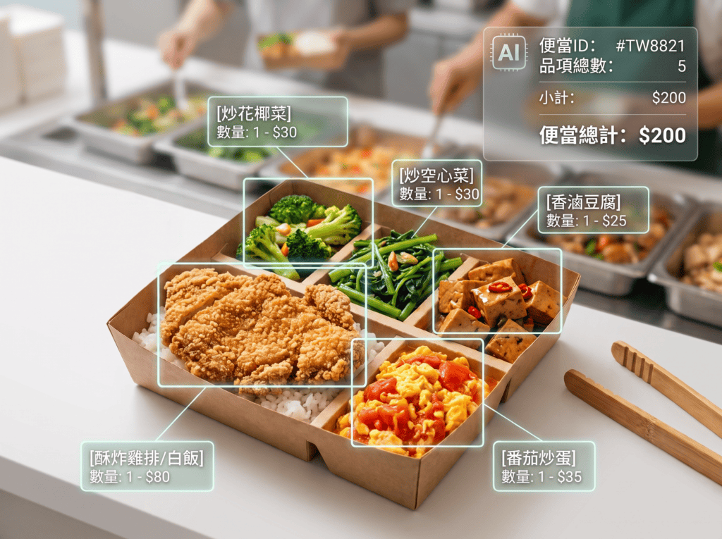 瑞乘智慧收銀系統AI影像辨識便當菜色與份數，按菜色自動計價，每筆結帳省1~2分鐘