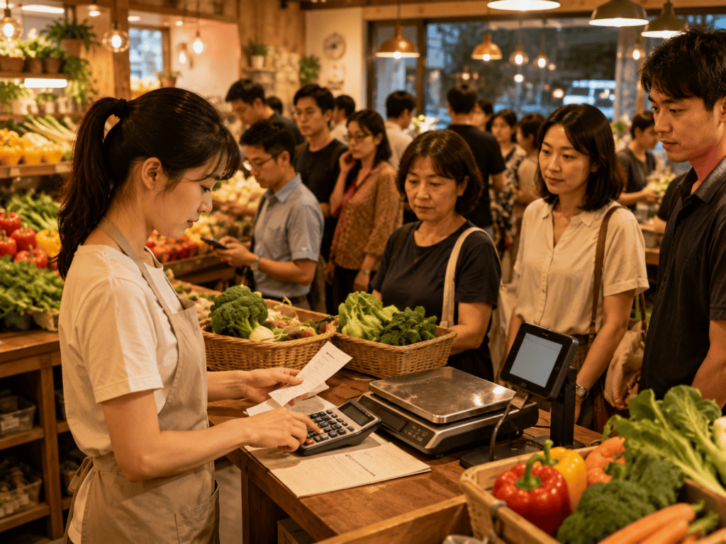 蔬果店尖峰時段結帳排隊，人工秤重計價速度慢，凸顯生鮮POS系統的需求
