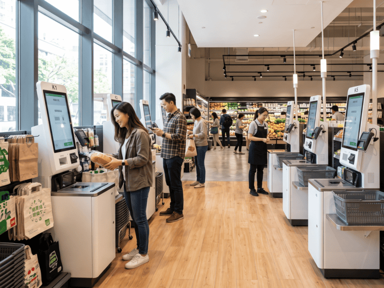 零售門市的自助結帳機台，老闆評估要不要為自己的店導入